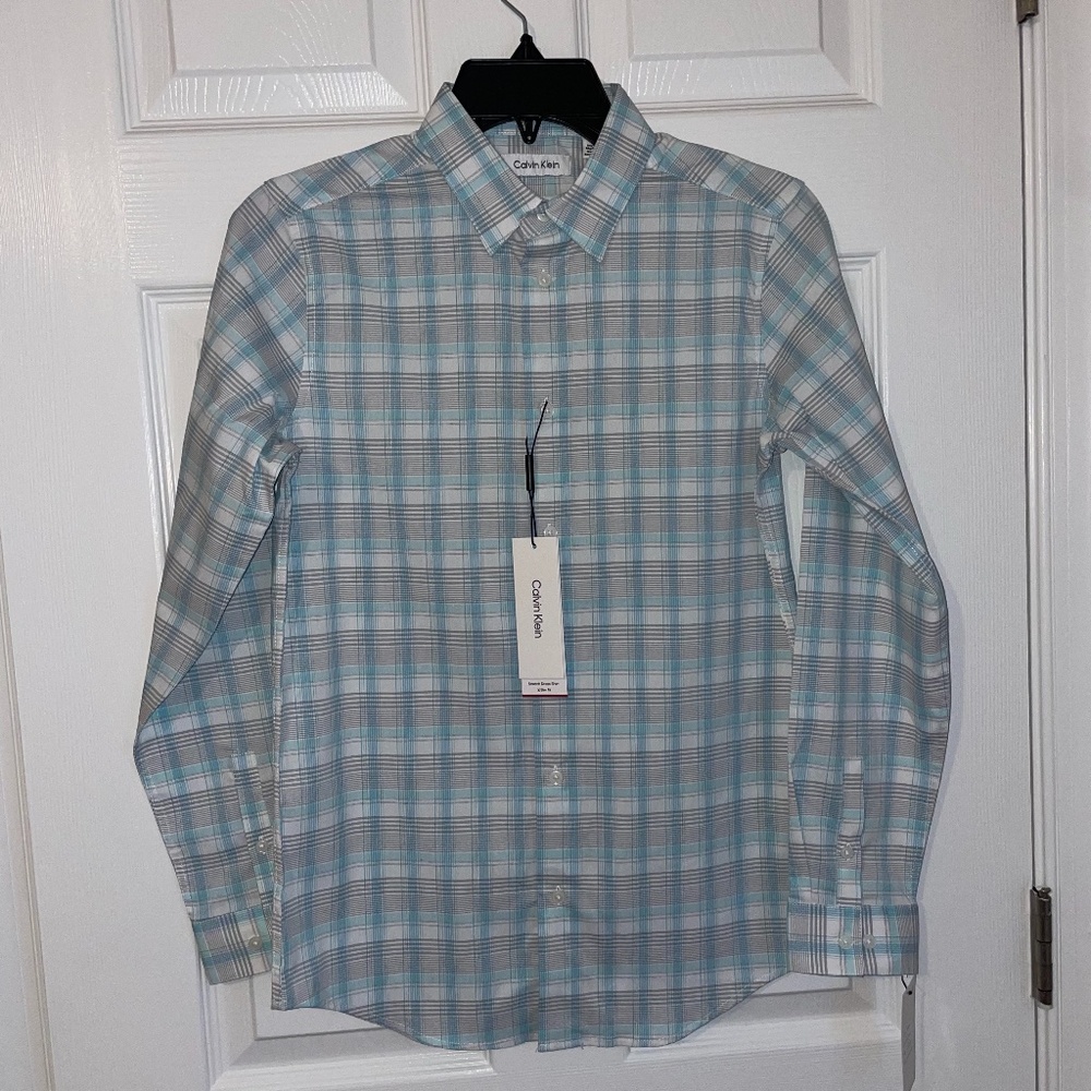 Calvin Klein Aqua Plaid Slim Fit Stretch Dress Shirt Size 16 Reg NWT